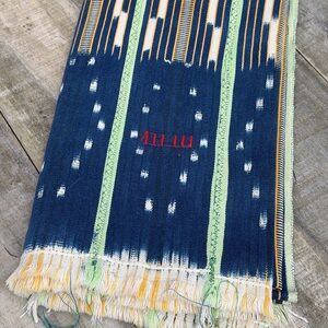 Vintage African Indigo Baule Mudcloth Lime Stripes 57”L x 37”W Textile | No. 124